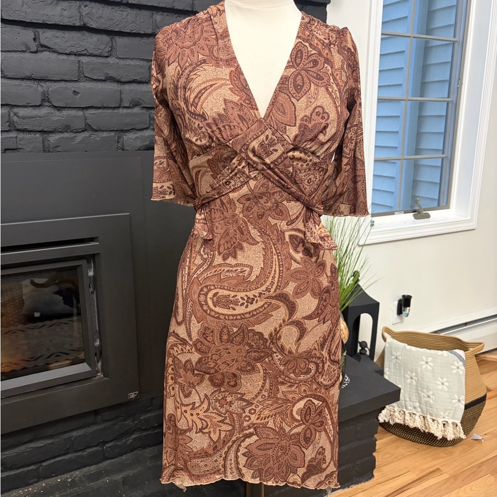 Ruby Rox Y2K 90s Brown Earthy Tones Paisley Floral Boho Bell Sleeve Wrap Dress